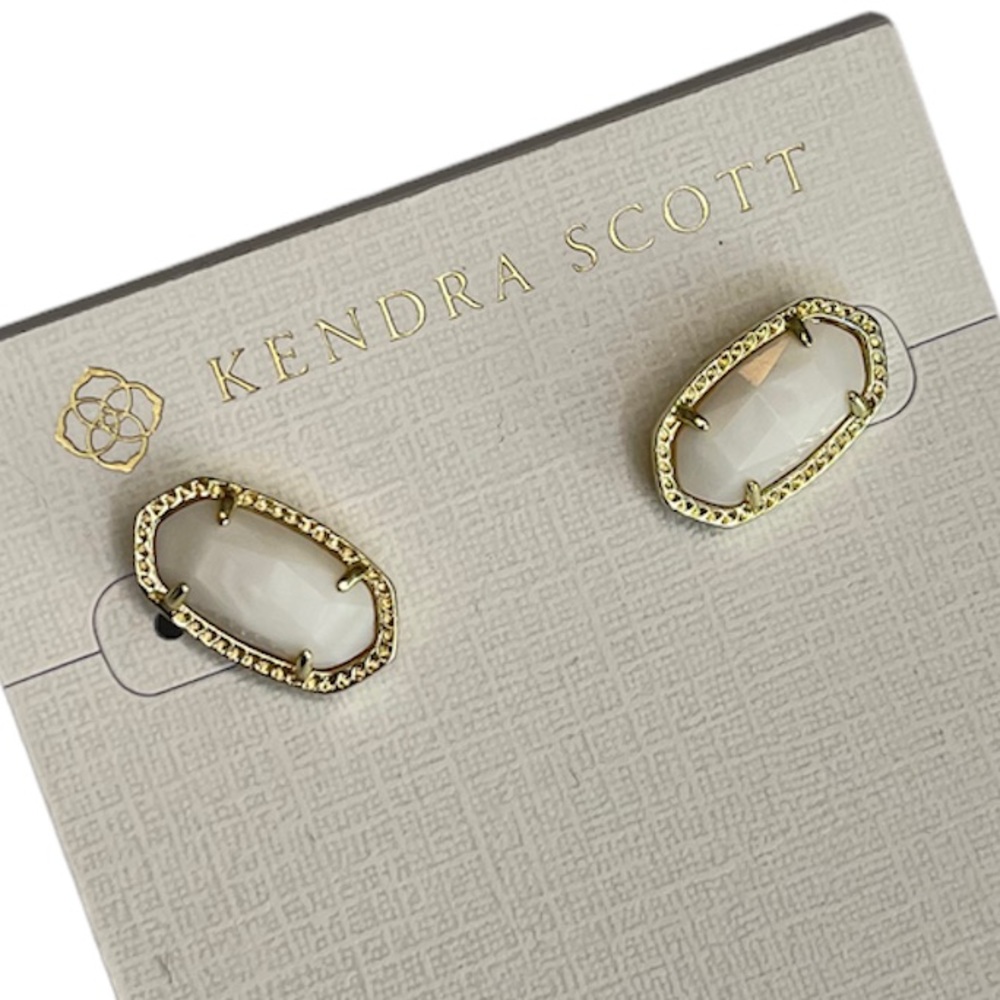 Kendra Scott Earrings Ellie Gold Stud White Iridescent Center Stone NWT